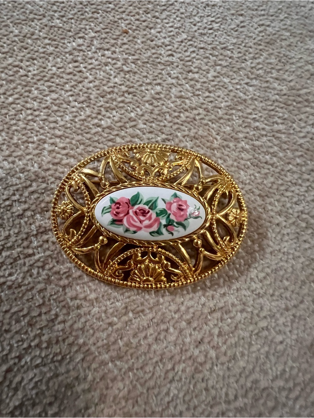 Avon Gold Filigree Oval Brooch with Pink Rose Porcelain Inset